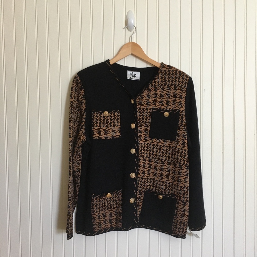 Mita vintage 80s 90s black brown houndstooth knit cardigan sweater size 1X NWT